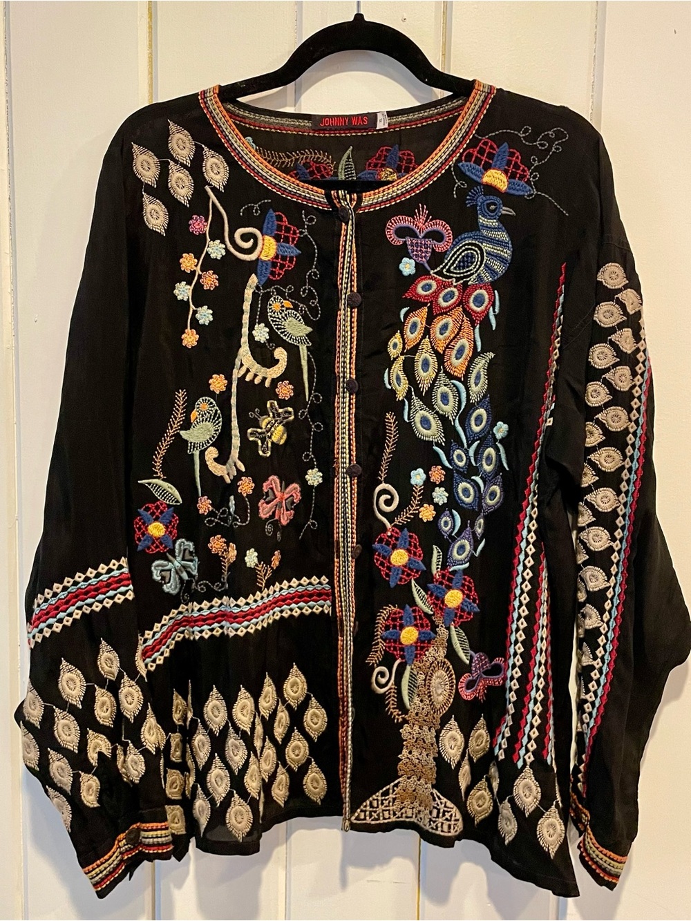 Johnny Was Black Embroidered Peacock Boho Light Jacket XL